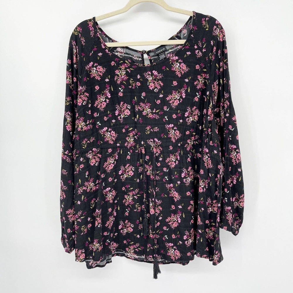 Torrid Textured Woven Tie Waist Blouse Windswept Flora Size 3X Gauze Long Sleeve